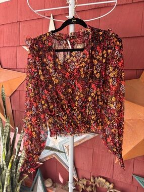 Free People Sheer Floral Long Sleeve V-Neck Blouse Women’s Size L